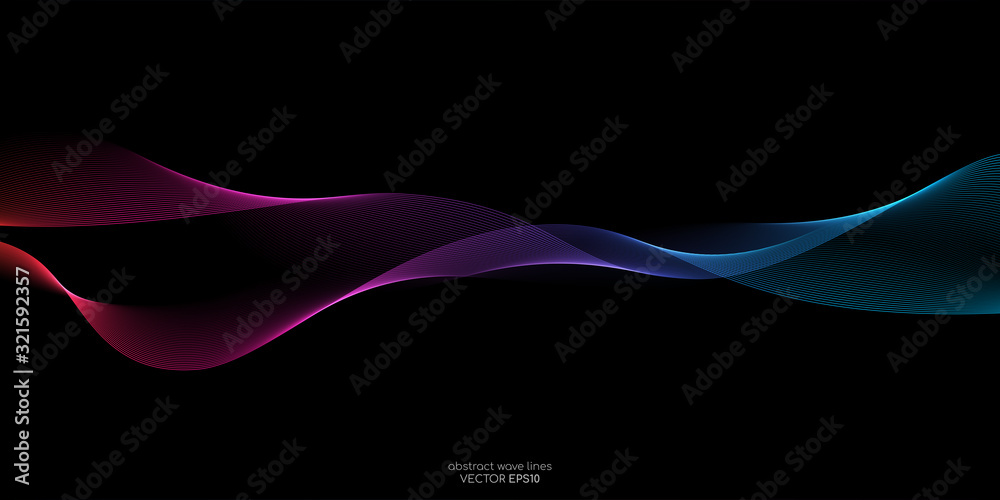 Aufkleber Abstract wave curve lines pattern dynamic colorful light flowing isolated on black background. Vector illustration design element in concept of music, party, technology, modern.