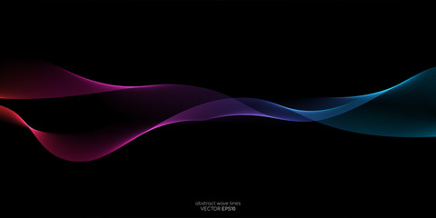 Abstract wave curve lines pattern dynamic colorful light flowing isolated on black background. Vector illustration design element in concept of music, party, technology, modern.