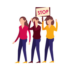 young women protesting with stop label characters