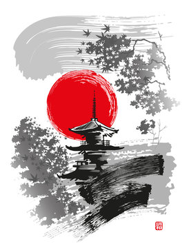 Japanese Temple, Pagoda against the backdrop of the Rising Sun. Vector illustration. Hieroglyph - Harmony.