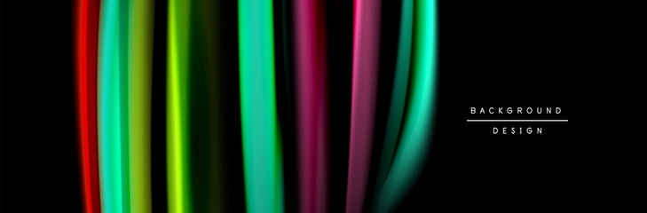 Silk and smooth flow wave poster design. Color waves, liquid style lines and shapes in black color background