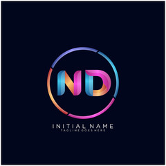 Initial letter ND curve rounded logo, gradient vibrant colorful glossy colors on black background