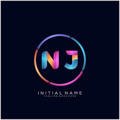 Initial letter NJ curve rounded logo, gradient vibrant colorful glossy colors on black background