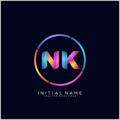 Initial letter NK curve rounded logo, gradient vibrant colorful glossy colors on black background