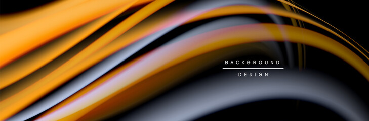 Сolorful flow poster. Wave liquid lines and shapes in black color background. Vector Illustration