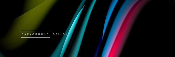 Сolorful flow poster. Wave liquid lines and shapes in black color background. Vector Illustration