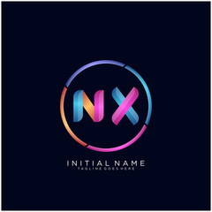 Initial letter NX curve rounded logo, gradient vibrant colorful glossy colors on black background