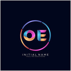Obraz premium Initial letter OE curve rounded logo, gradient vibrant colorful glossy colors on black background