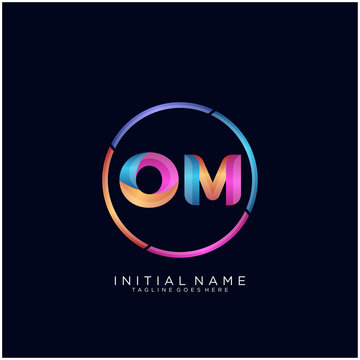 Initial letter OM curve rounded logo, gradient vibrant colorful glossy colors on black background