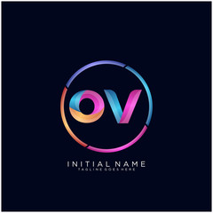Initial letter OV curve rounded logo, gradient vibrant colorful glossy colors on black background