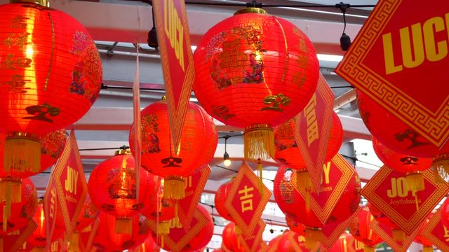 Chinese New Year Red Paper Latern Decoration with Wish Signs in Bangkok City for Celebrate Spring Festival. Red Paper Lantern Decoration with Blessing Text Mean Luck Joy and Health
