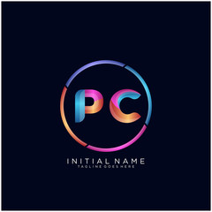 Initial letter PC curve rounded logo, gradient vibrant colorful glossy colors on black background