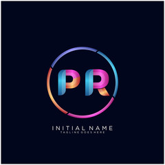 Initial letter PR curve rounded logo, gradient vibrant colorful glossy colors on black background