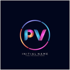 Initial letter PV curve rounded logo, gradient vibrant colorful glossy colors on black background