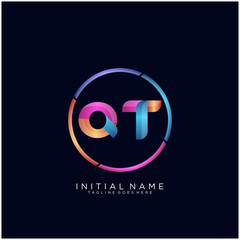 Initial letter QT curve rounded logo, gradient vibrant colorful glossy colors on black background