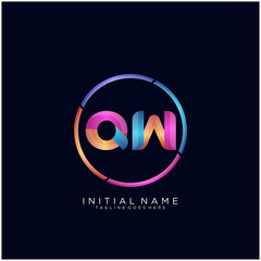 Initial letter QW curve rounded logo, gradient vibrant colorful glossy colors on black background