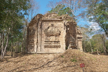 Kampong Thom, Cambodia-January 25, 2020: Flying palace relief on the wall of Sambor Prei Kuk or Prasat Yeah Puon S10 in Kampong Thom, Cambodia