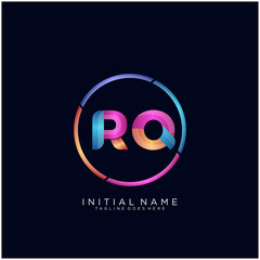 Initial letter RQ curve rounded logo, gradient vibrant colorful glossy colors on black background