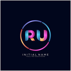 Initial letter RU curve rounded logo, gradient vibrant colorful glossy colors on black background