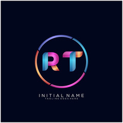 Initial letter RT curve rounded logo, gradient vibrant colorful glossy colors on black background