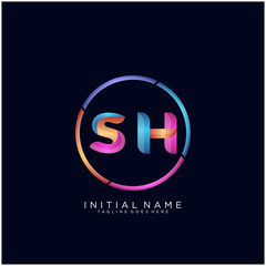 Initial letter SH curve rounded logo, gradient vibrant colorful glossy colors on black background