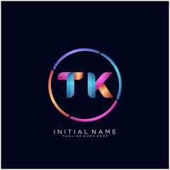 Initial letter TK curve rounded logo, gradient vibrant colorful glossy colors on black background