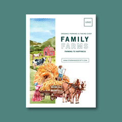 Farmer poster design with horse, dairy cattle watercolor illustration.
