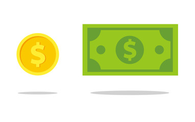 Vector dollar bank note and coin, icon illustrations and vector