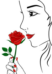 Beautiful young  woman holding red rose flower in front of nose smelling scent