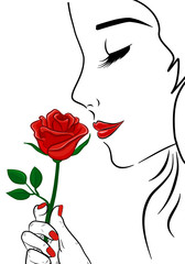 Beautiful young  woman holding red rose flower in front of nose smelling scent