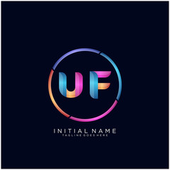 Initial letter UF curve rounded logo, gradient vibrant colorful glossy colors on black background