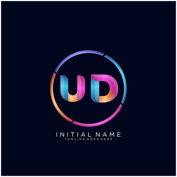 Initial letter UD curve rounded logo, gradient vibrant colorful glossy colors on black background