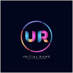Initial letter UR curve rounded logo, gradient vibrant colorful glossy colors on black background