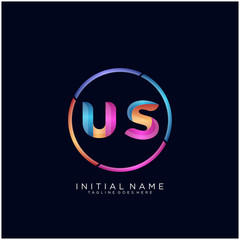 Initial letter US curve rounded logo, gradient vibrant colorful glossy colors on black background
