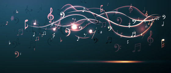 Music background abstract music notes and musical key. Fun concept. - obrazy, fototapety, plakaty