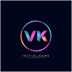 Initial letter VK curve rounded logo, gradient vibrant colorful glossy colors on black background