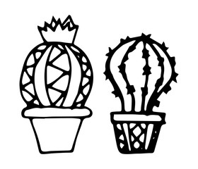 Round cacti in pots. Hand drawn style. Isolated on a white background. Vector illustration.