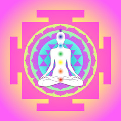 Buddha over Sri Yantra or Sri Chakra, form of mystical diagram, Shri Vidya school of Hindu tantra symbol. Sacred geometry vector design element. Vector illustration. Alchemy, occultism, spirituality.