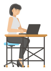 Woman is sitting at a table and working on a laptop. Isolated on white background. Flat design. Vector illustration.