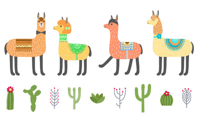 Set of cute llamas, alpacas and cacti. Isolated on a white background. Vector illustration.