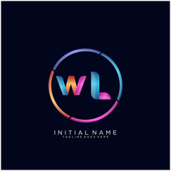 Initial letter WL curve rounded logo, gradient vibrant colorful glossy colors on black background
