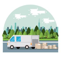 van delivery service on the road scene