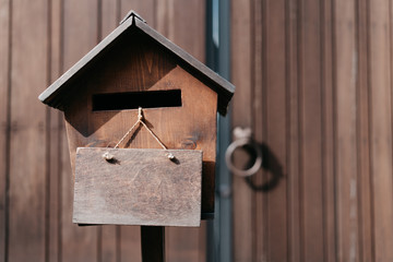 Wood mail boxes korea style. Old vintage korean culture and tradition use send paper mail communication. Concept of material background, composition, presentation and minimalist.