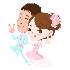 若い新郎新婦のイラスト。ウェディングドレスとタキシードを着て楽しそうにしている。