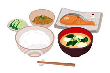 和風な朝食のイラスト 焼き鮭