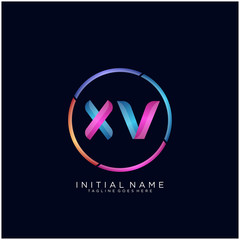 Initial letter XV curve rounded logo, gradient vibrant colorful glossy colors on black background