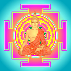 Buddha over Sri Yantra or Sri Chakra, form of mystical diagram, Shri Vidya school of Hindu tantra symbol. Sacred geometry vector design element. Vector illustration. Alchemy, occultism, spirituality.