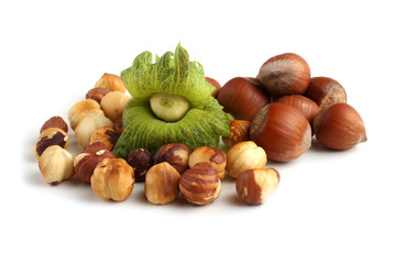 Hazelnuts and peeled hazelnuts isolated on white