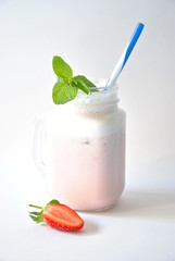 Strawberry milkshake in glass, healthy high protein, yummy taste. Drink episode morning on white background