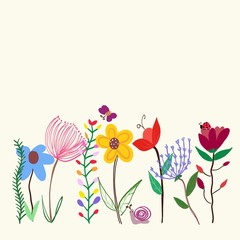 Colorful abstract flowers with butterfly, ladybug, snail background illustration